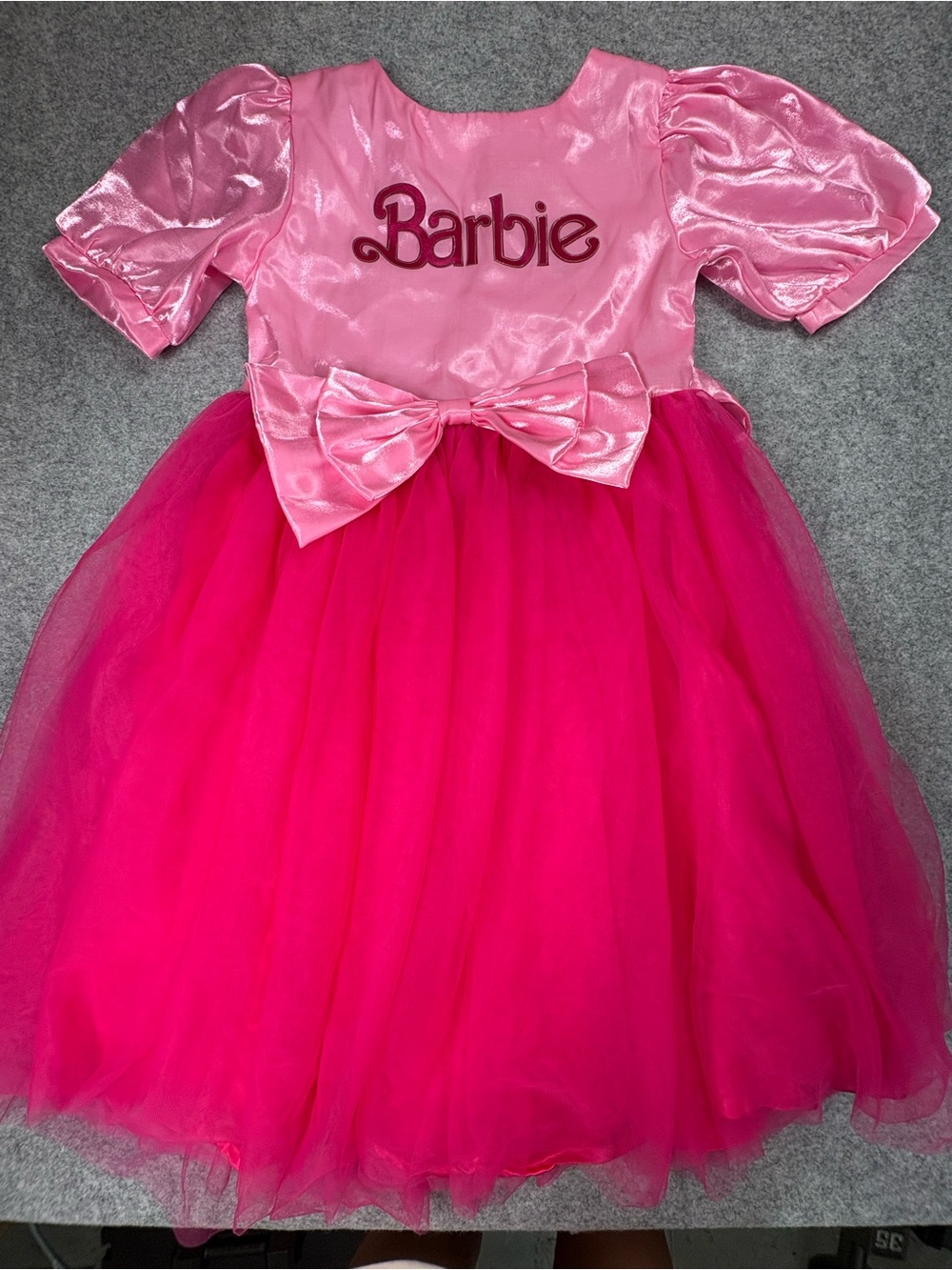 Tiny Girl Barbie Bow Tulle Party Dress Hot Pink Puff Sleeve Kids